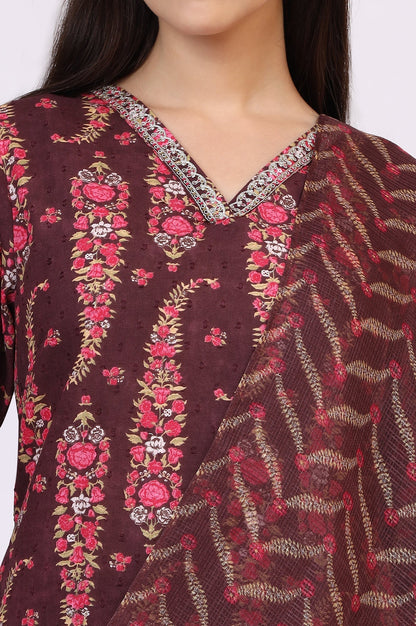 W for Woman Wine Floral Printed Pure Cotton Straight Kurta and Pants Co-ord Set with Dupatta