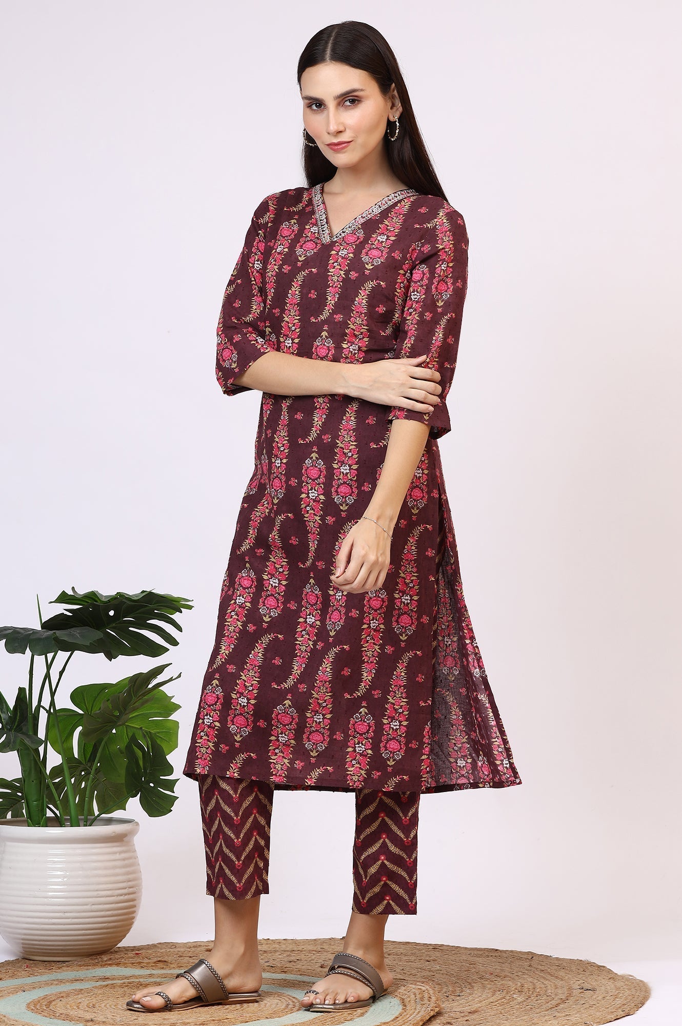 W for Woman Wine Floral Printed Pure Cotton Straight Kurta and Pants Co-ord Set with Dupatta