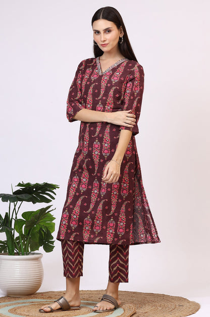 W for Woman Wine Floral Printed Pure Cotton Straight Kurta and Pants Co-ord Set with Dupatta