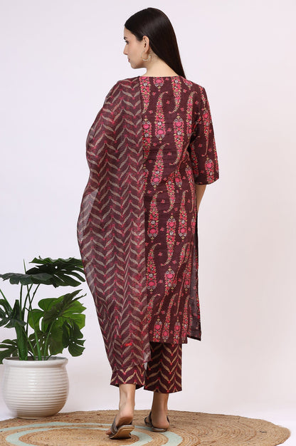 W for Woman Wine Floral Printed Pure Cotton Straight Kurta and Pants Co-ord Set with Dupatta