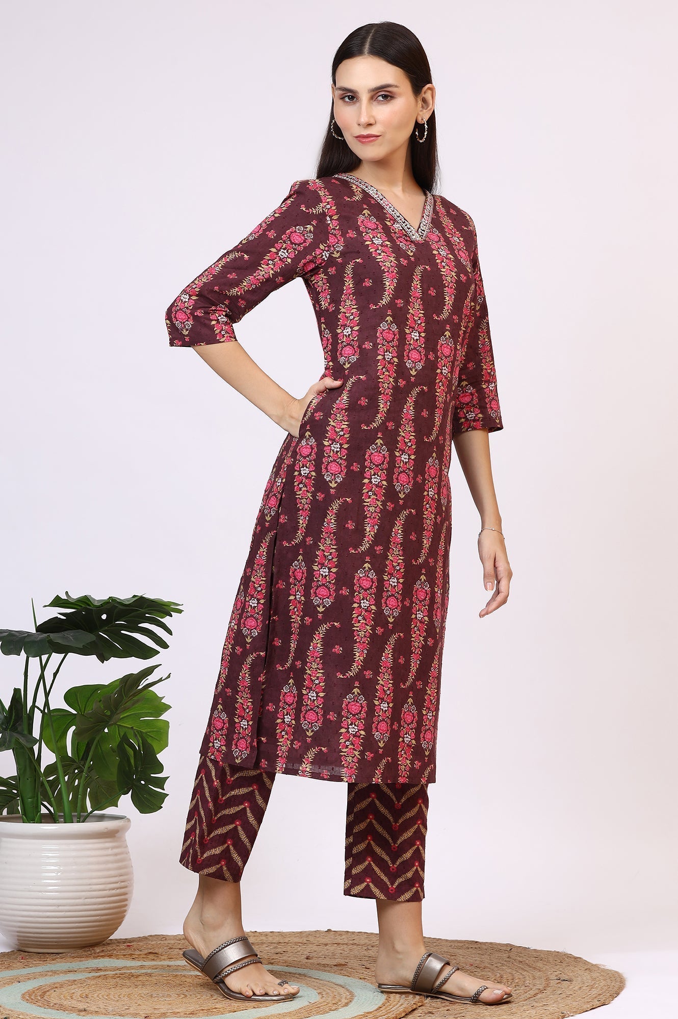 W for Woman Wine Floral Printed Pure Cotton Straight Kurta and Pants Co-ord Set with Dupatta