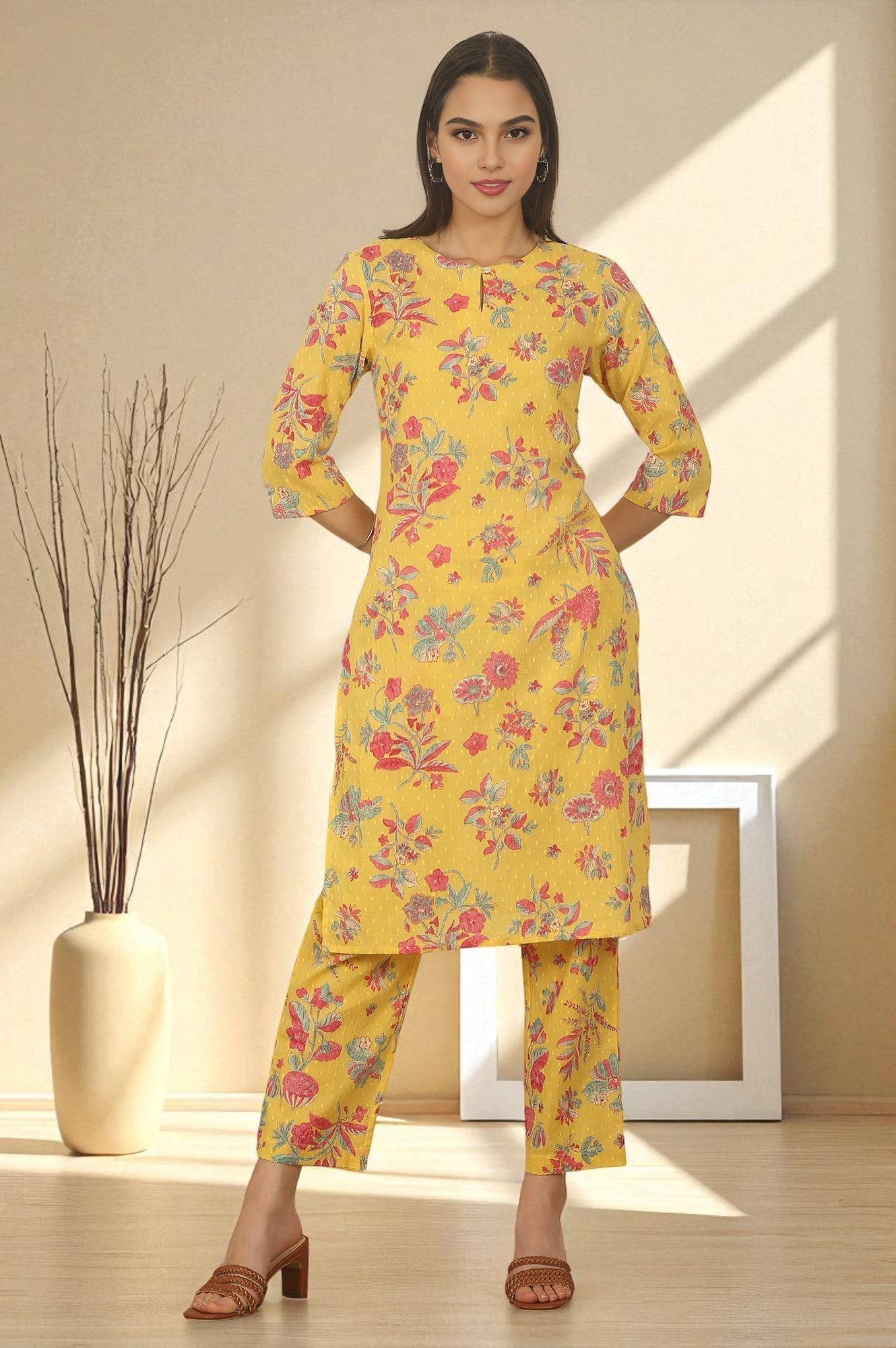 W for Woman Yellow Floral Printed Swiss Dot Cotton Straight Kurta and Pants Co-ord Set