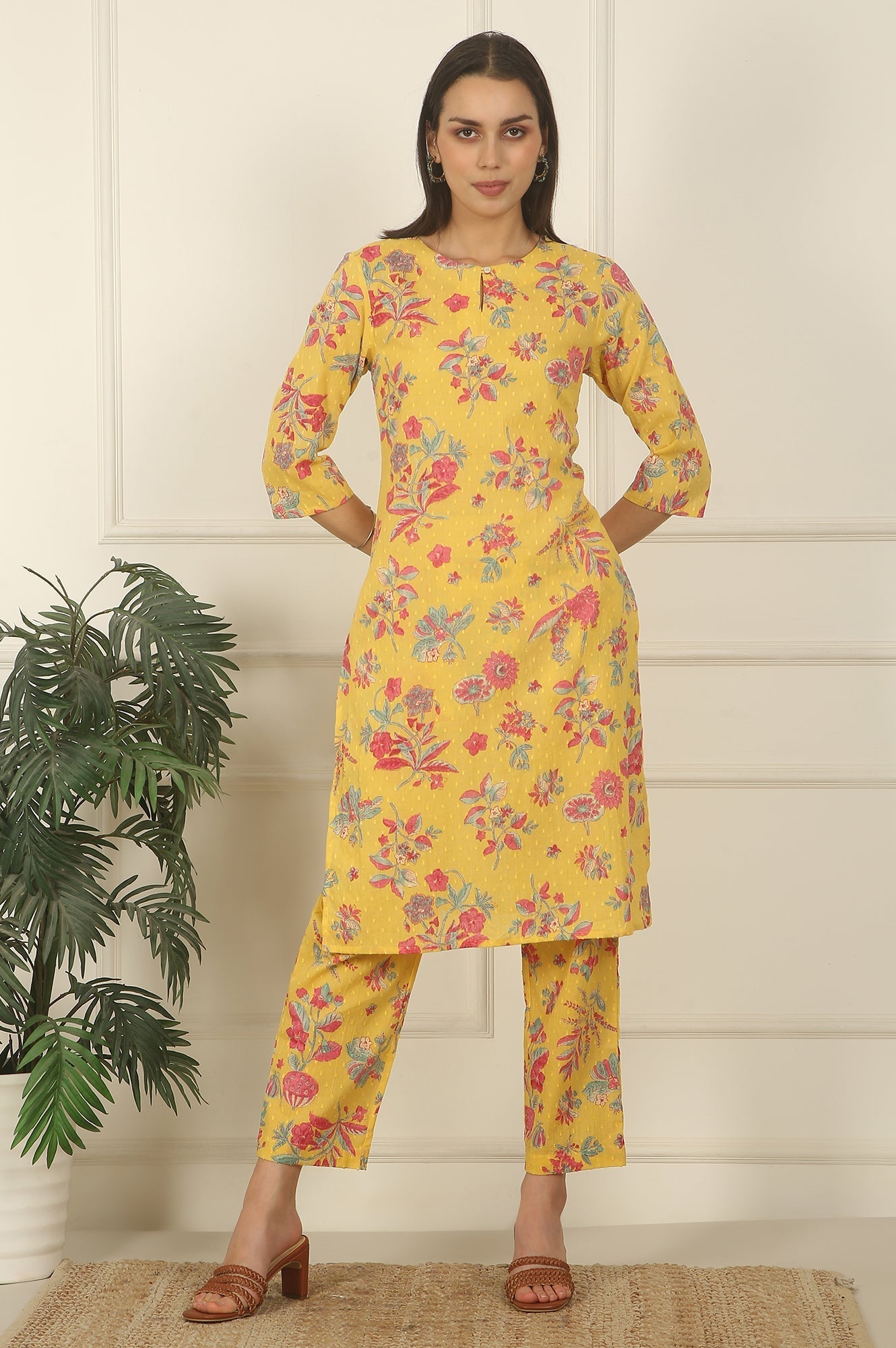 W for Woman Yellow Floral Printed Swiss Dot Cotton Straight Kurta and Pants Co-ord Set