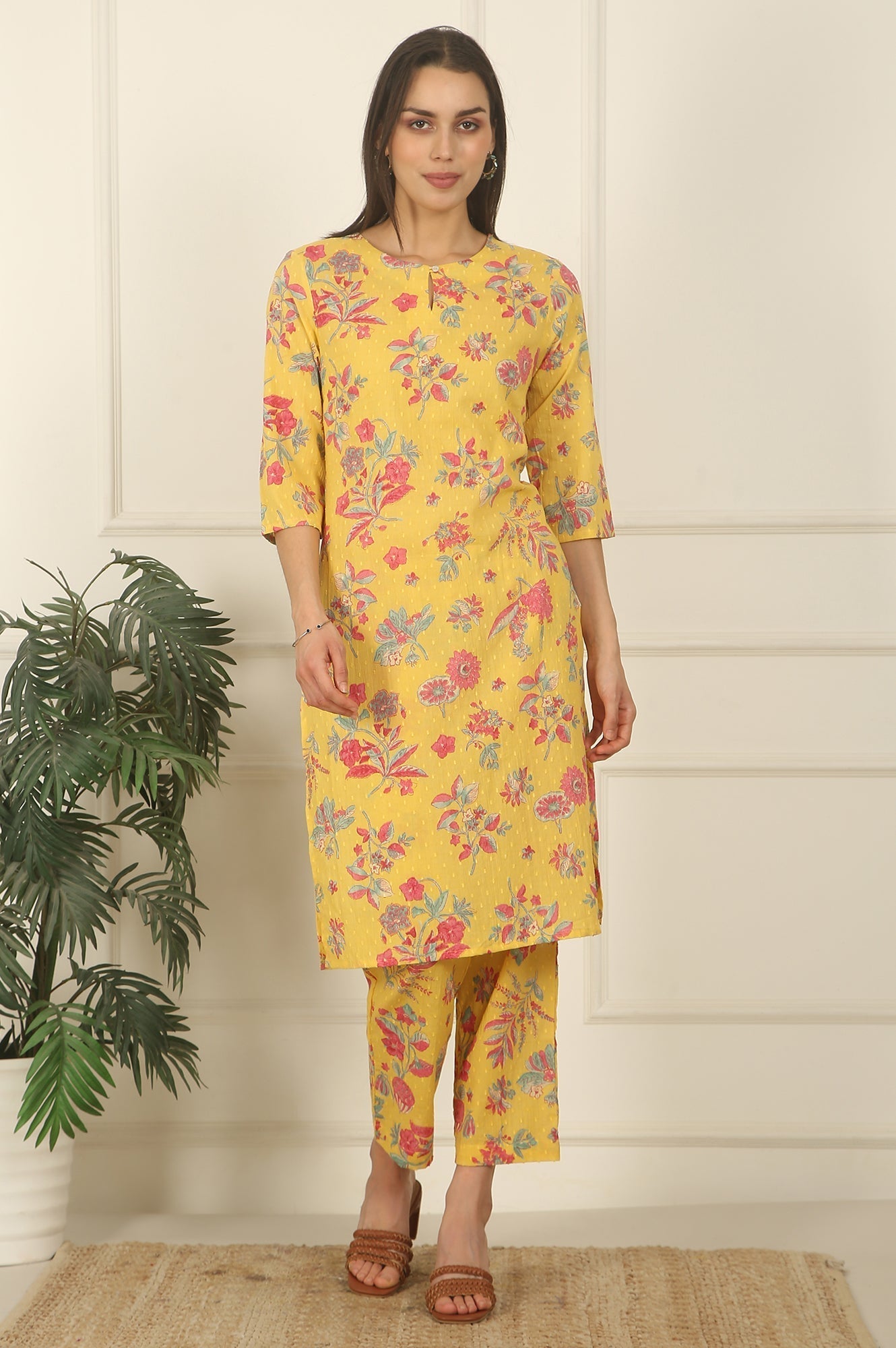 W for Woman Yellow Floral Printed Swiss Dot Cotton Straight Kurta and Pants Co-ord Set