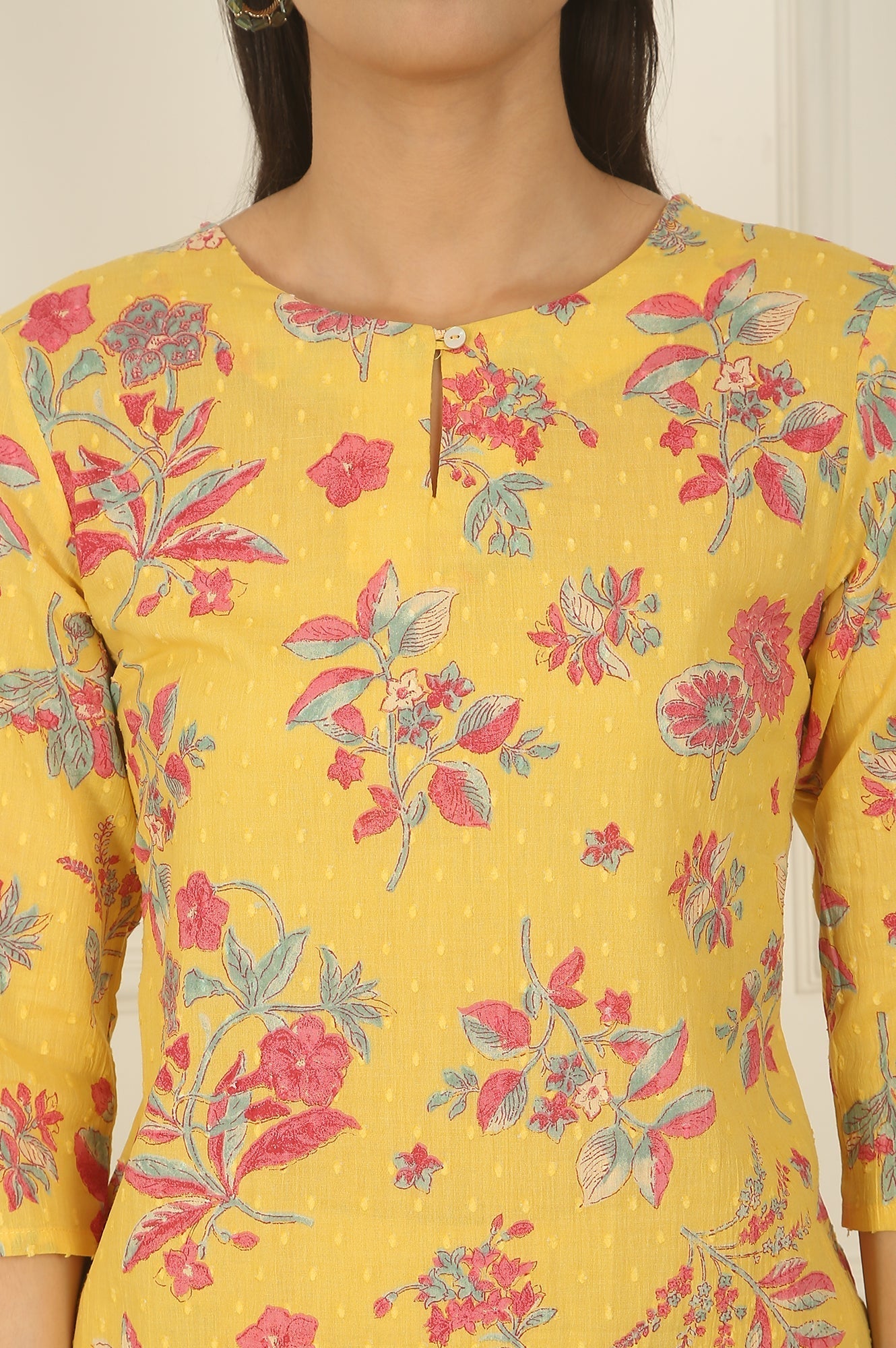 W for Woman Yellow Floral Printed Swiss Dot Cotton Straight Kurta and Pants Co-ord Set