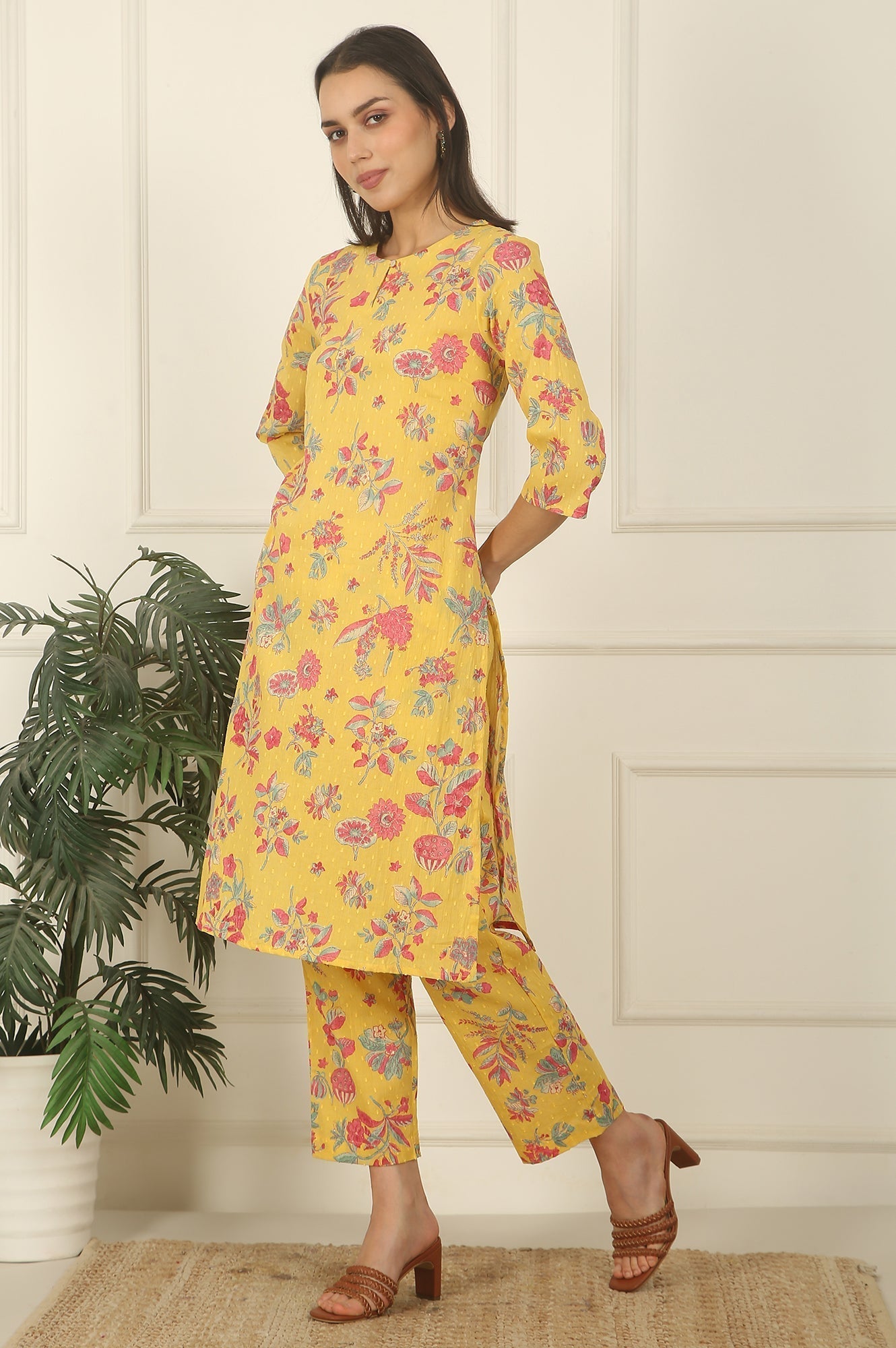 W for Woman Yellow Floral Printed Swiss Dot Cotton Straight Kurta and Pants Co-ord Set