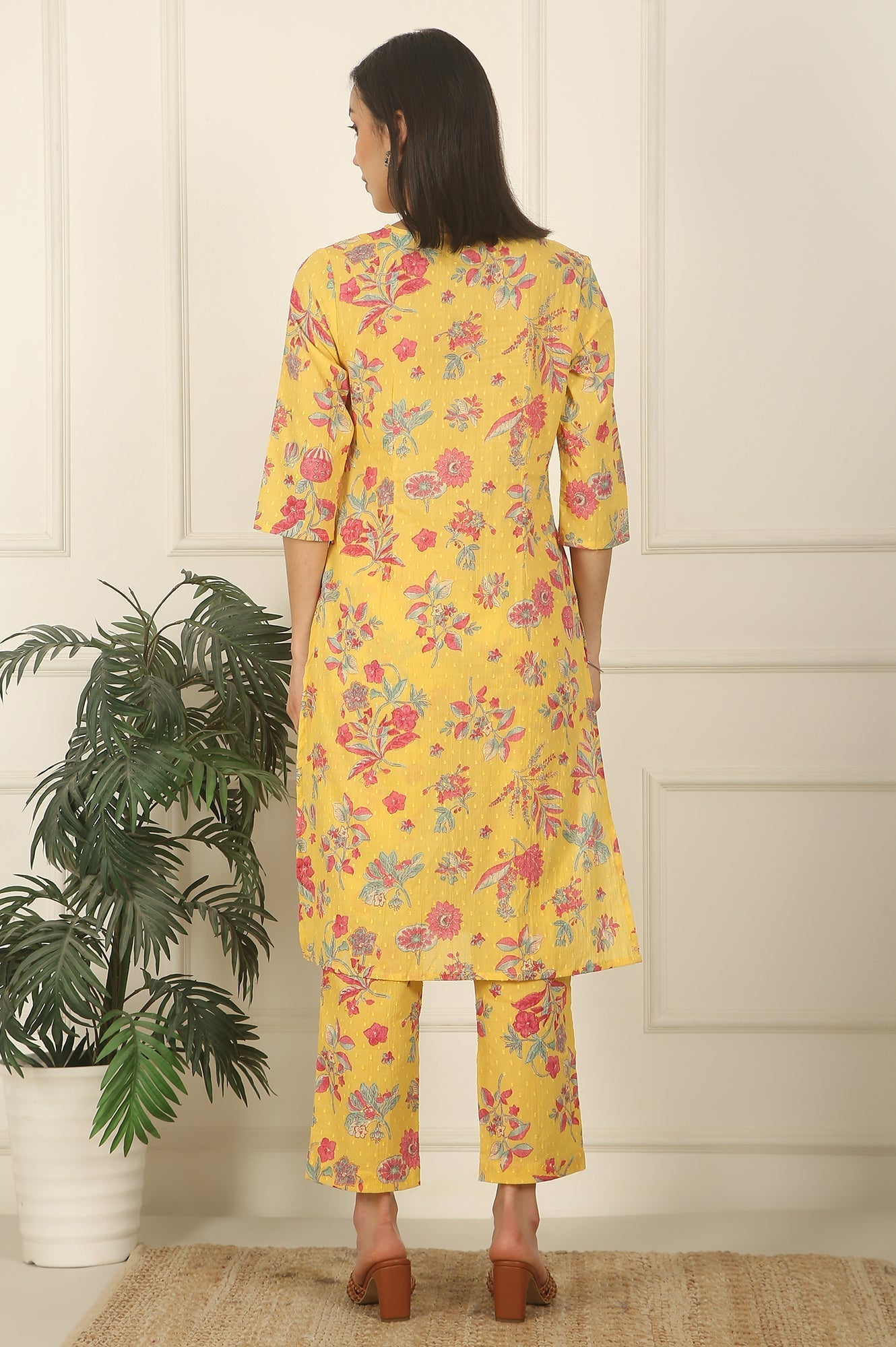 W for Woman Yellow Floral Printed Swiss Dot Cotton Straight Kurta and Pants Co-ord Set