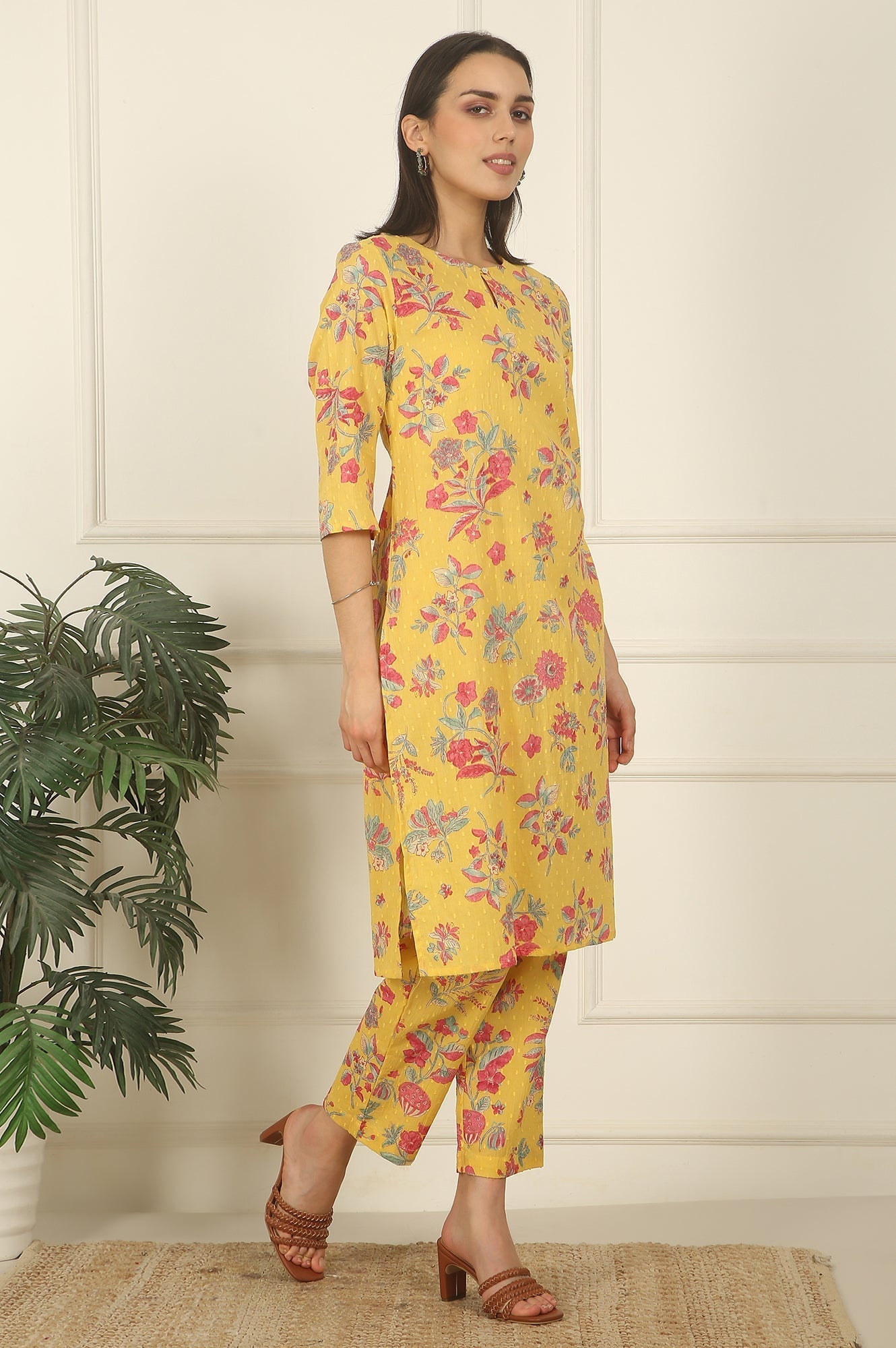 W for Woman Yellow Floral Printed Swiss Dot Cotton Straight Kurta and Pants Co-ord Set