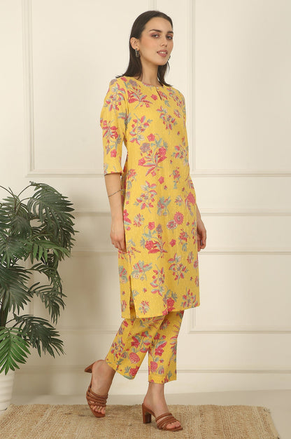 W for Woman Yellow Floral Printed Swiss Dot Cotton Straight Kurta and Pants Co-ord Set