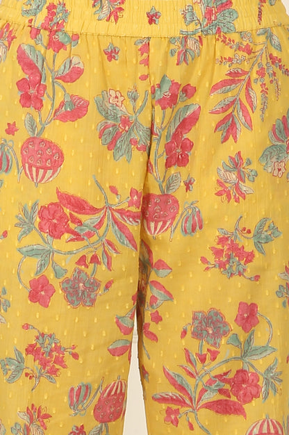 W for Woman Yellow Floral Printed Swiss Dot Cotton Straight Kurta and Pants Co-ord Set
