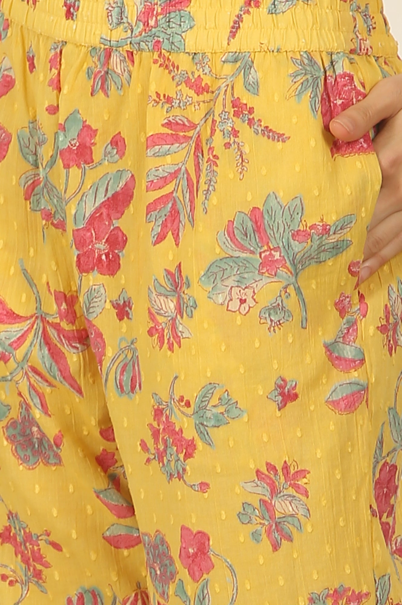 W for Woman Yellow Floral Printed Swiss Dot Cotton Straight Kurta and Pants Co-ord Set