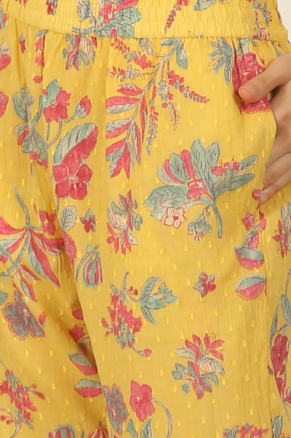 W for Woman Yellow Floral Printed Swiss Dot Cotton Straight Kurta and Pants Co-ord Set