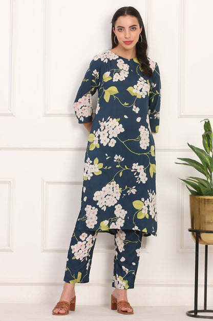 W for Woman Navy Blue Floral Printed Straight Pure Cotton Kurta and Straight Pants Co-ord Set