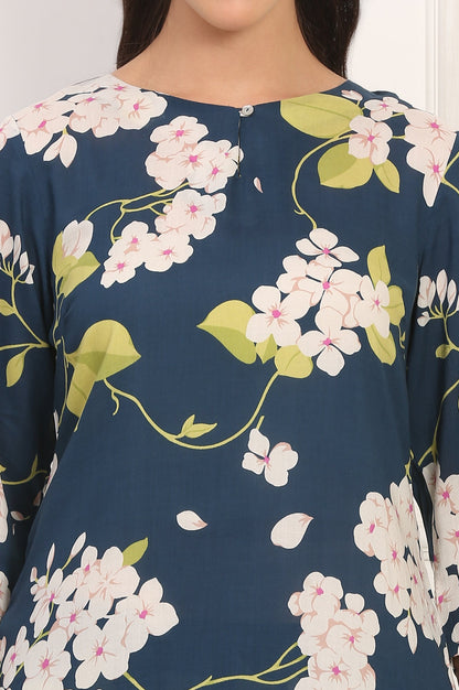 W for Woman Navy Blue Floral Printed Straight Pure Cotton Kurta and Straight Pants Co-ord Set