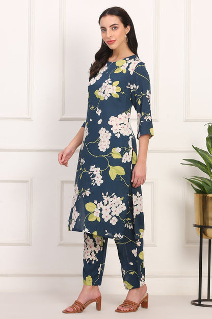 W for Woman Navy Blue Floral Printed Straight Pure Cotton Kurta and Straight Pants Co-ord Set