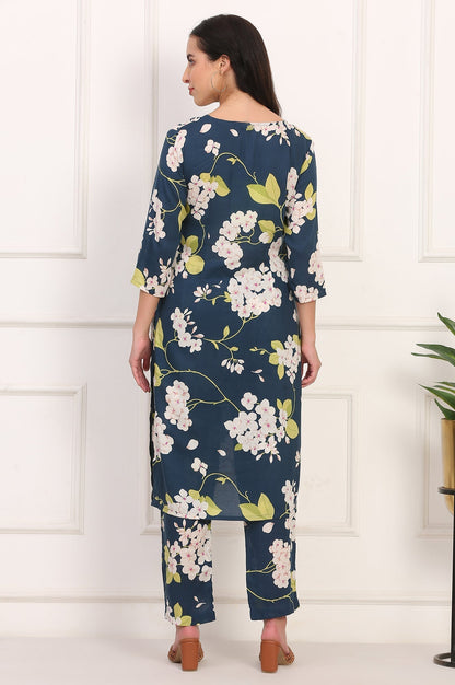 W for Woman Navy Blue Floral Printed Straight Pure Cotton Kurta and Straight Pants Co-ord Set