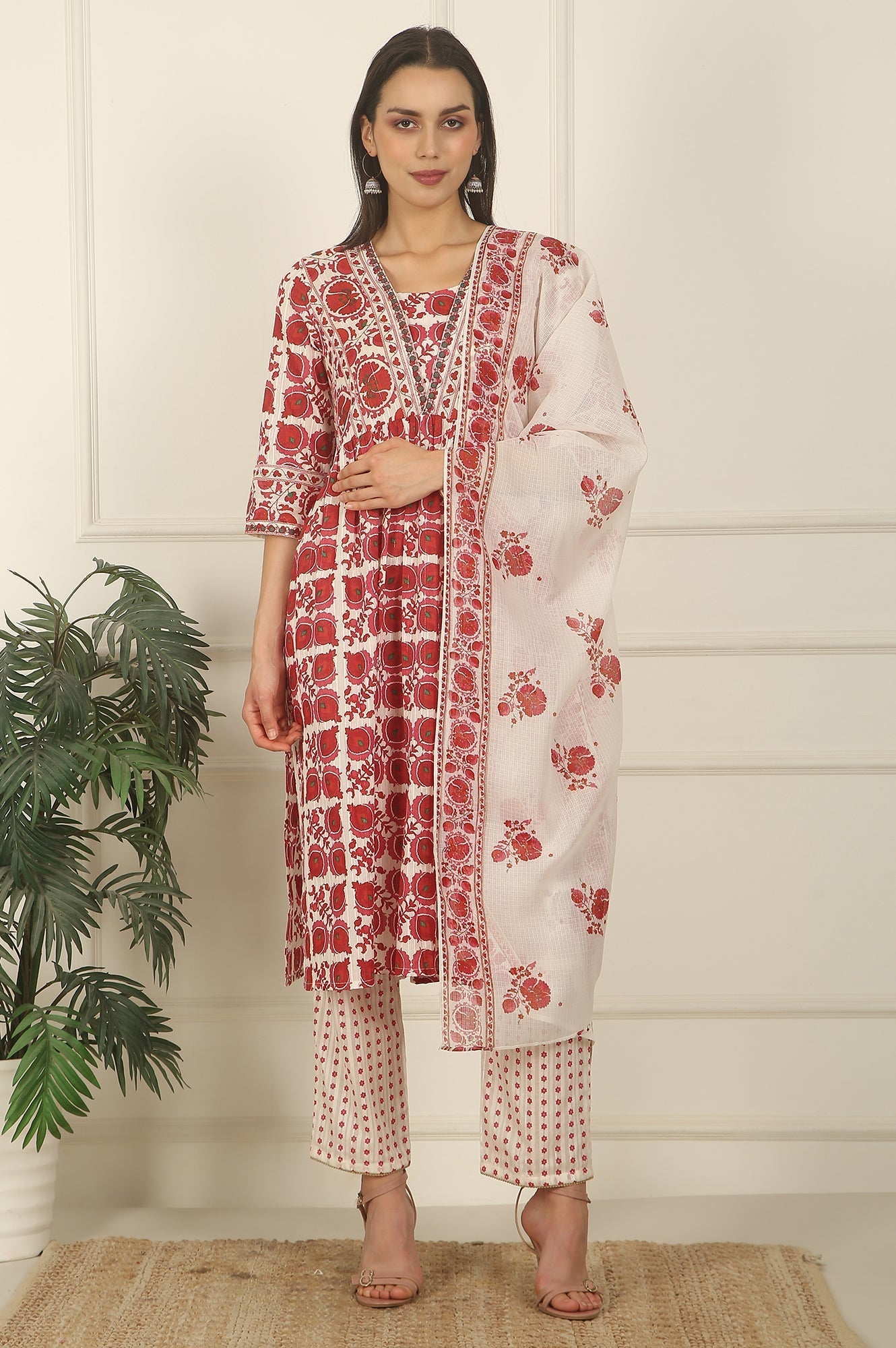 W for Woman White and Red Printed Gathered Cotton Lurex Kurta, Pants and Dupatta Set