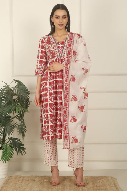 W for Woman White and Red Printed Gathered Cotton Lurex Kurta, Pants and Dupatta Set