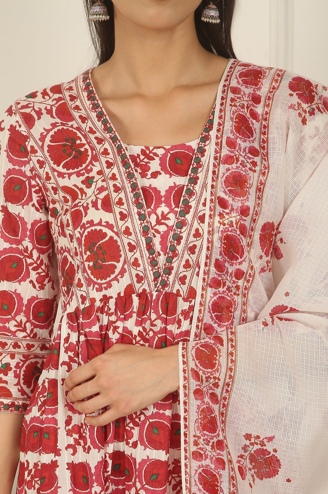 W for Woman White and Red Printed Gathered Cotton Lurex Kurta, Pants and Dupatta Set