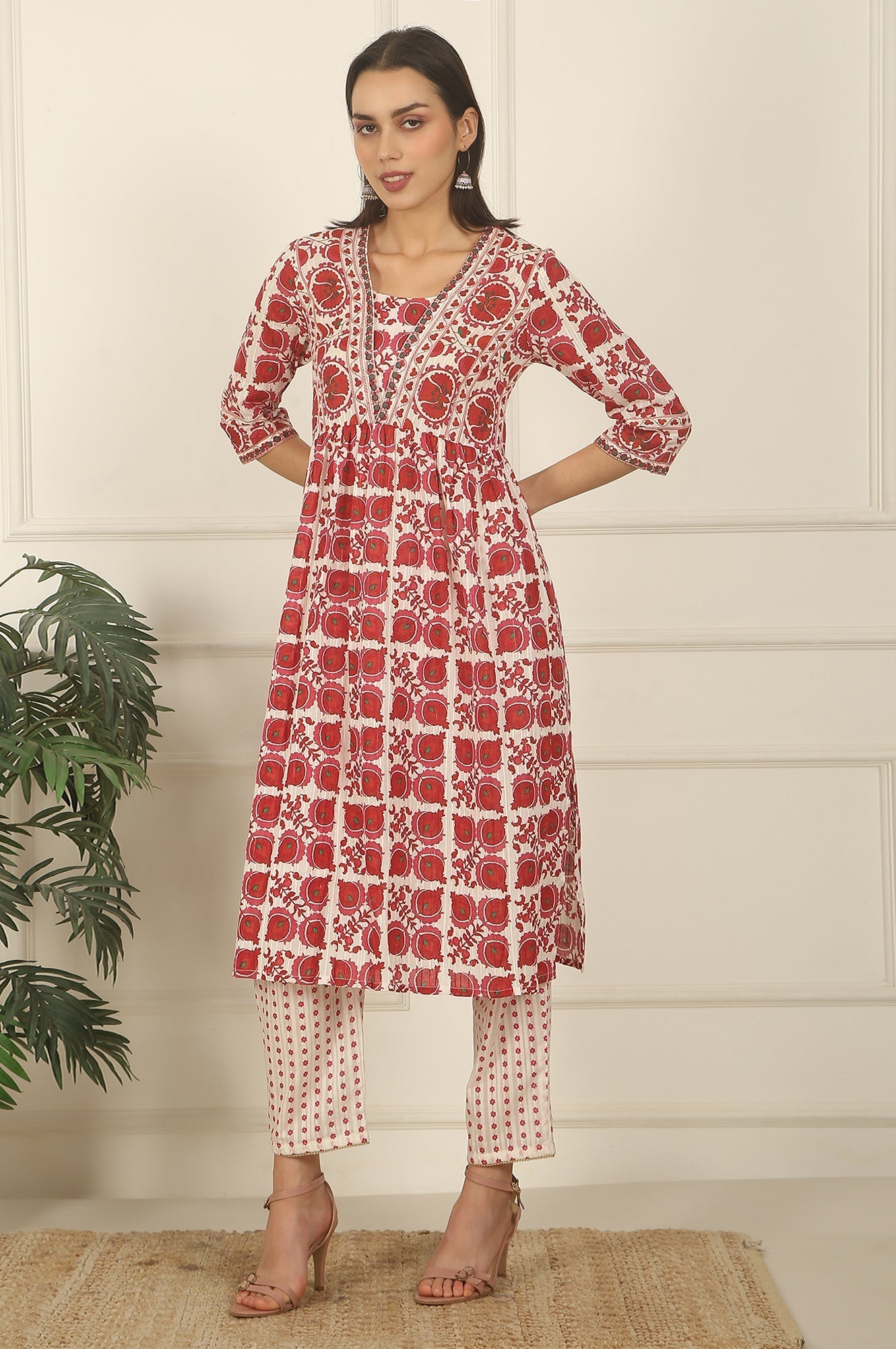W for Woman White and Red Printed Gathered Cotton Lurex Kurta, Pants and Dupatta Set