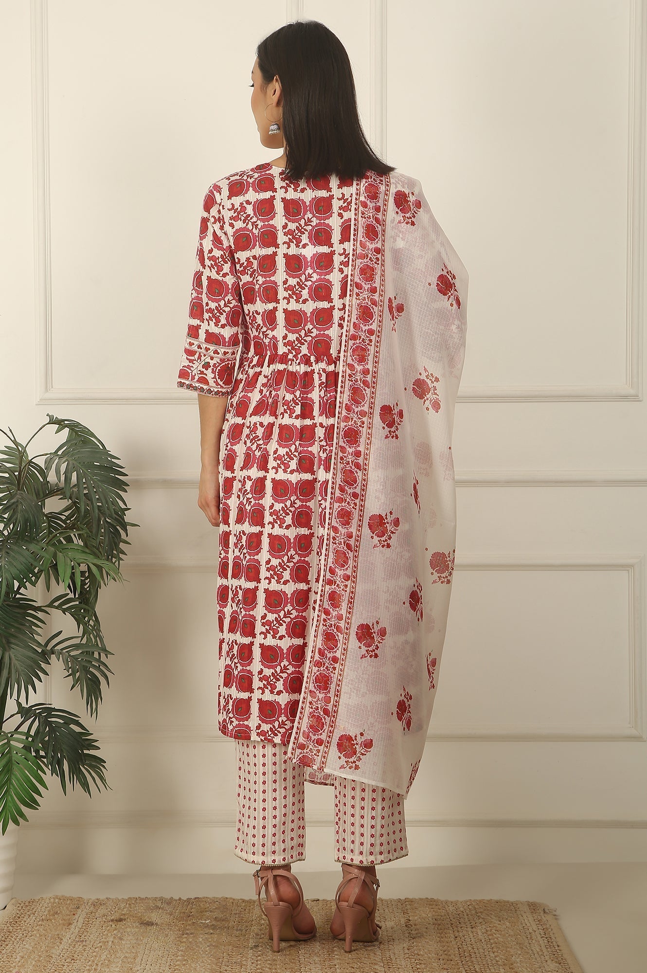 W for Woman White and Red Printed Gathered Cotton Lurex Kurta, Pants and Dupatta Set