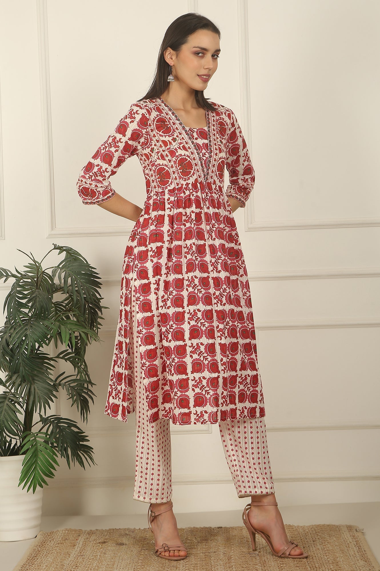 W for Woman White and Red Printed Gathered Cotton Lurex Kurta, Pants and Dupatta Set