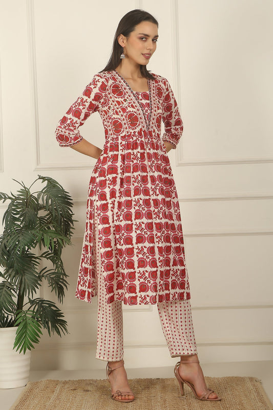 W for Woman White and Red Printed Gathered Cotton Lurex Kurta, Pants and Dupatta Set