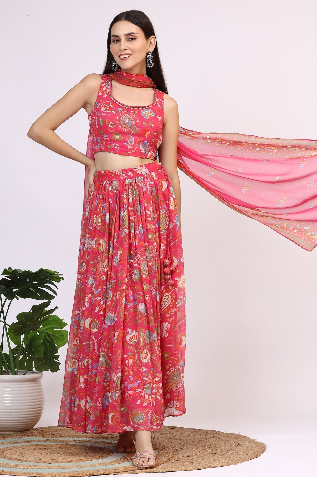W for Woman Pink Floral Printed Embellished Chiffon Sleeveless Crop Top, Skirt and Dupatta Set