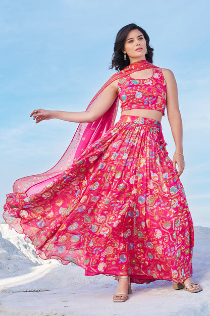 W for Woman Pink Floral Printed Embellished Chiffon Sleeveless Crop Top, Skirt and Dupatta Set