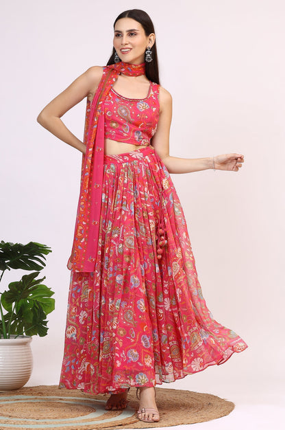 W for Woman Pink Floral Printed Embellished Chiffon Sleeveless Crop Top, Skirt and Dupatta Set
