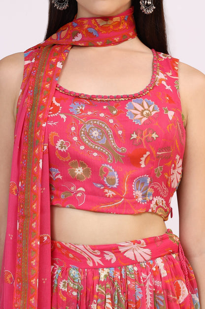 W for Woman Pink Floral Printed Embellished Chiffon Sleeveless Crop Top, Skirt and Dupatta Set