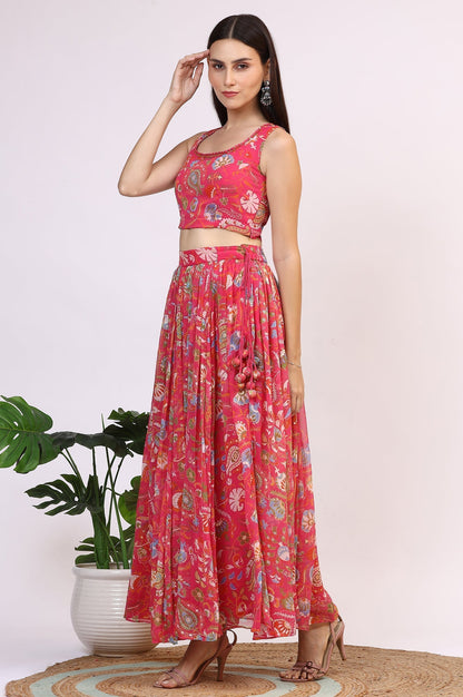 W for Woman Pink Floral Printed Embellished Chiffon Sleeveless Crop Top, Skirt and Dupatta Set