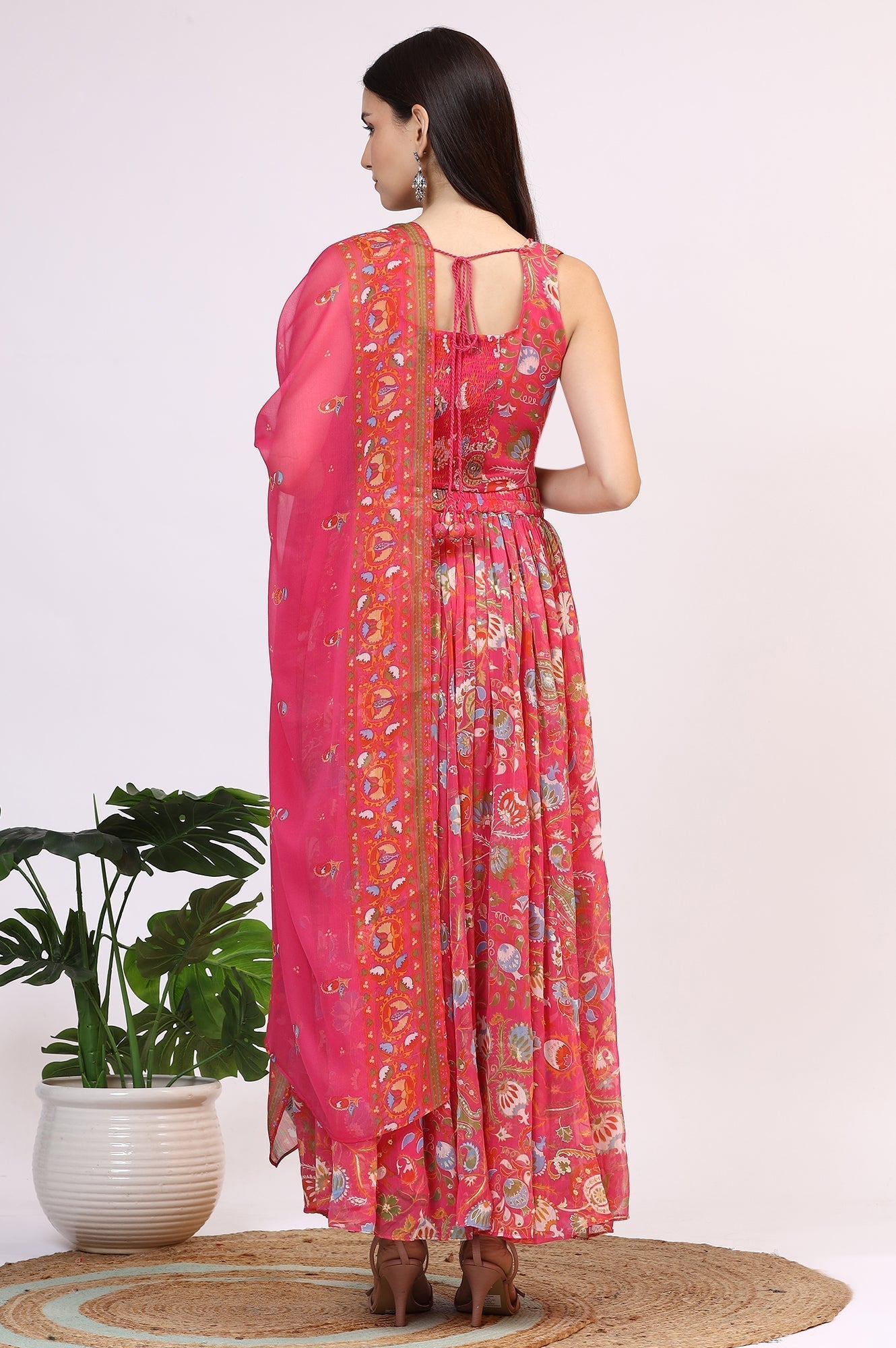 W for Woman Pink Floral Printed Embellished Chiffon Sleeveless Crop Top, Skirt and Dupatta Set