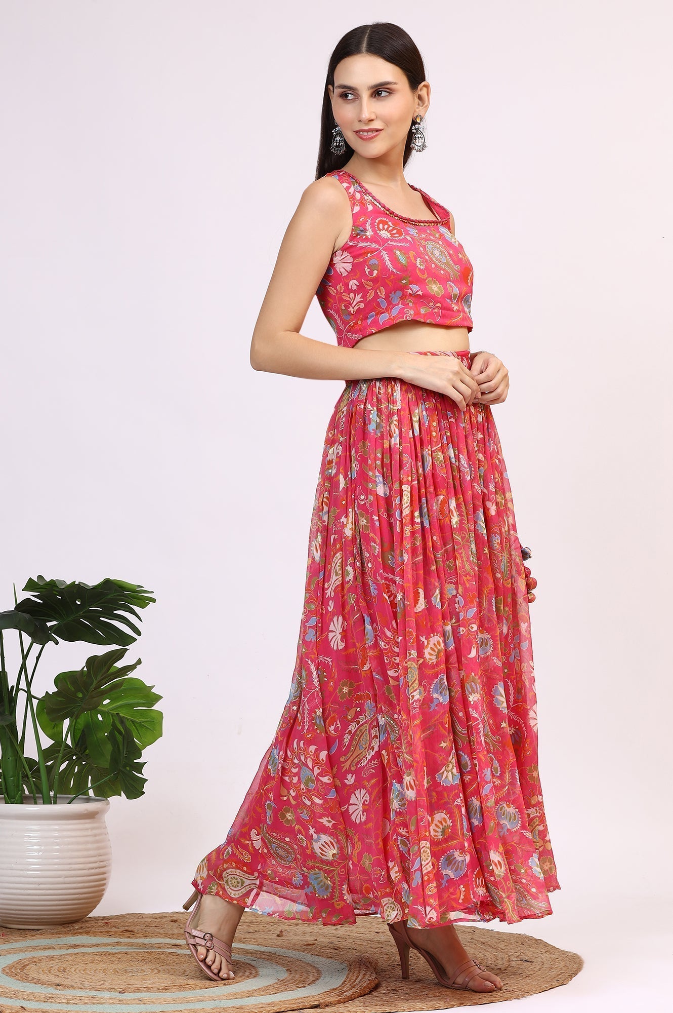 W for Woman Pink Floral Printed Embellished Chiffon Sleeveless Crop Top, Skirt and Dupatta Set