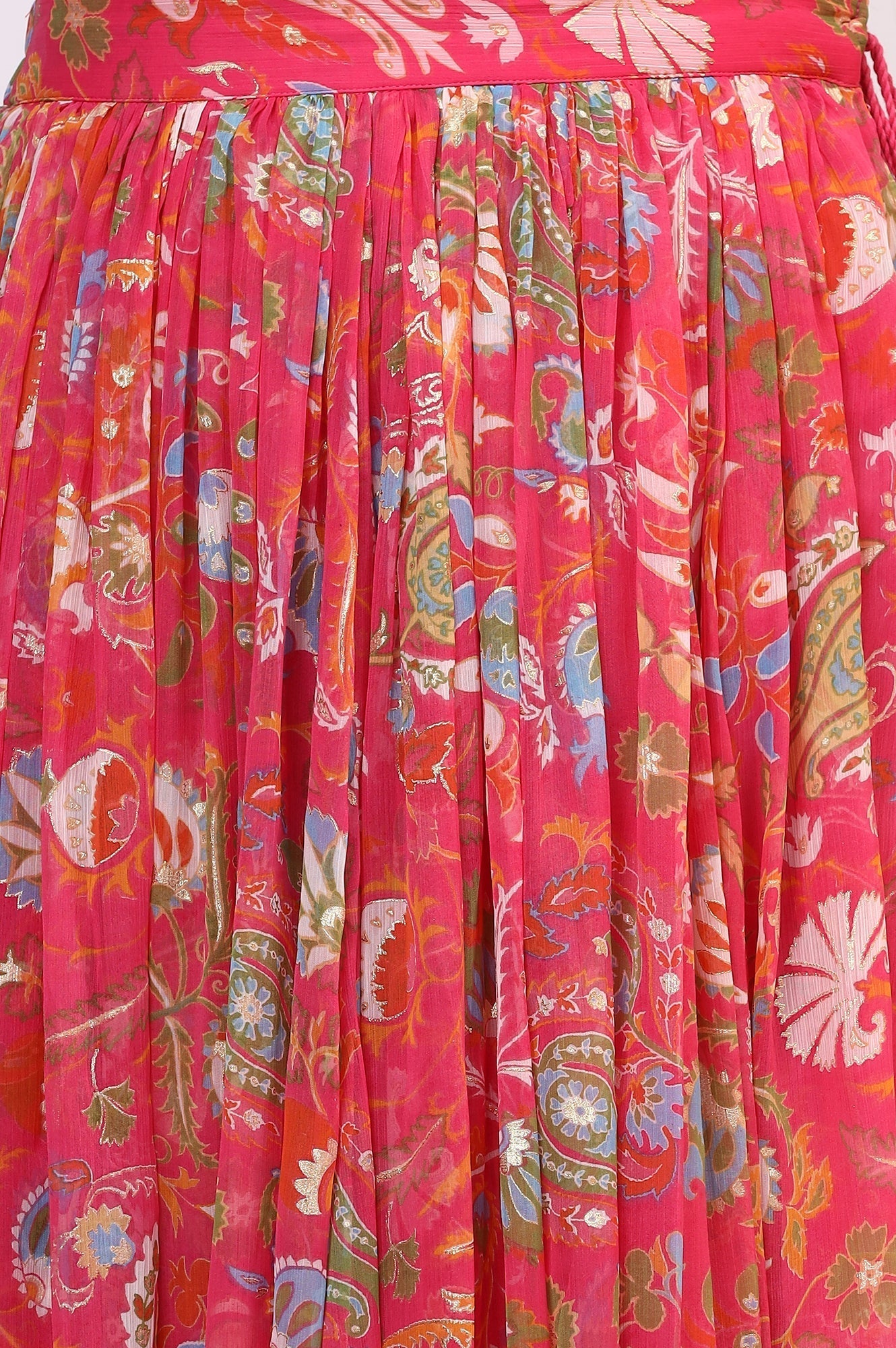 W for Woman Pink Floral Printed Embellished Chiffon Sleeveless Crop Top, Skirt and Dupatta Set