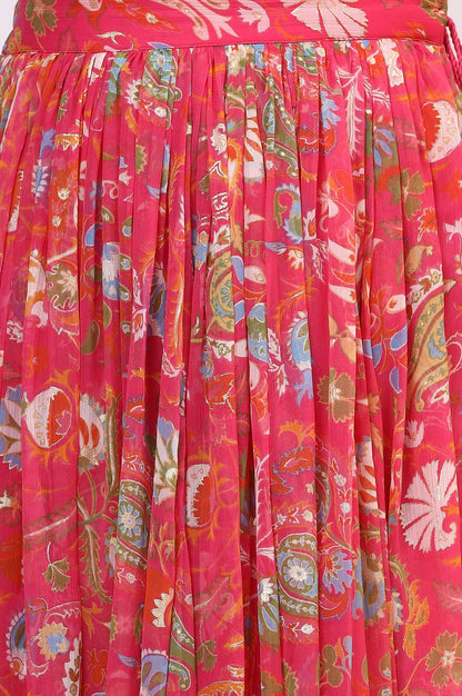 W for Woman Pink Floral Printed Embellished Chiffon Sleeveless Crop Top, Skirt and Dupatta Set