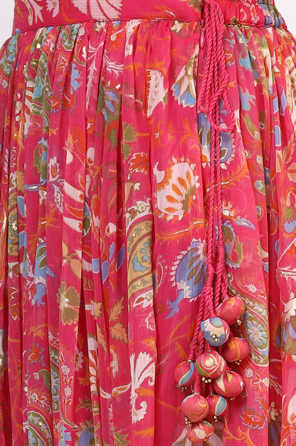 W for Woman Pink Floral Printed Embellished Chiffon Sleeveless Crop Top, Skirt and Dupatta Set