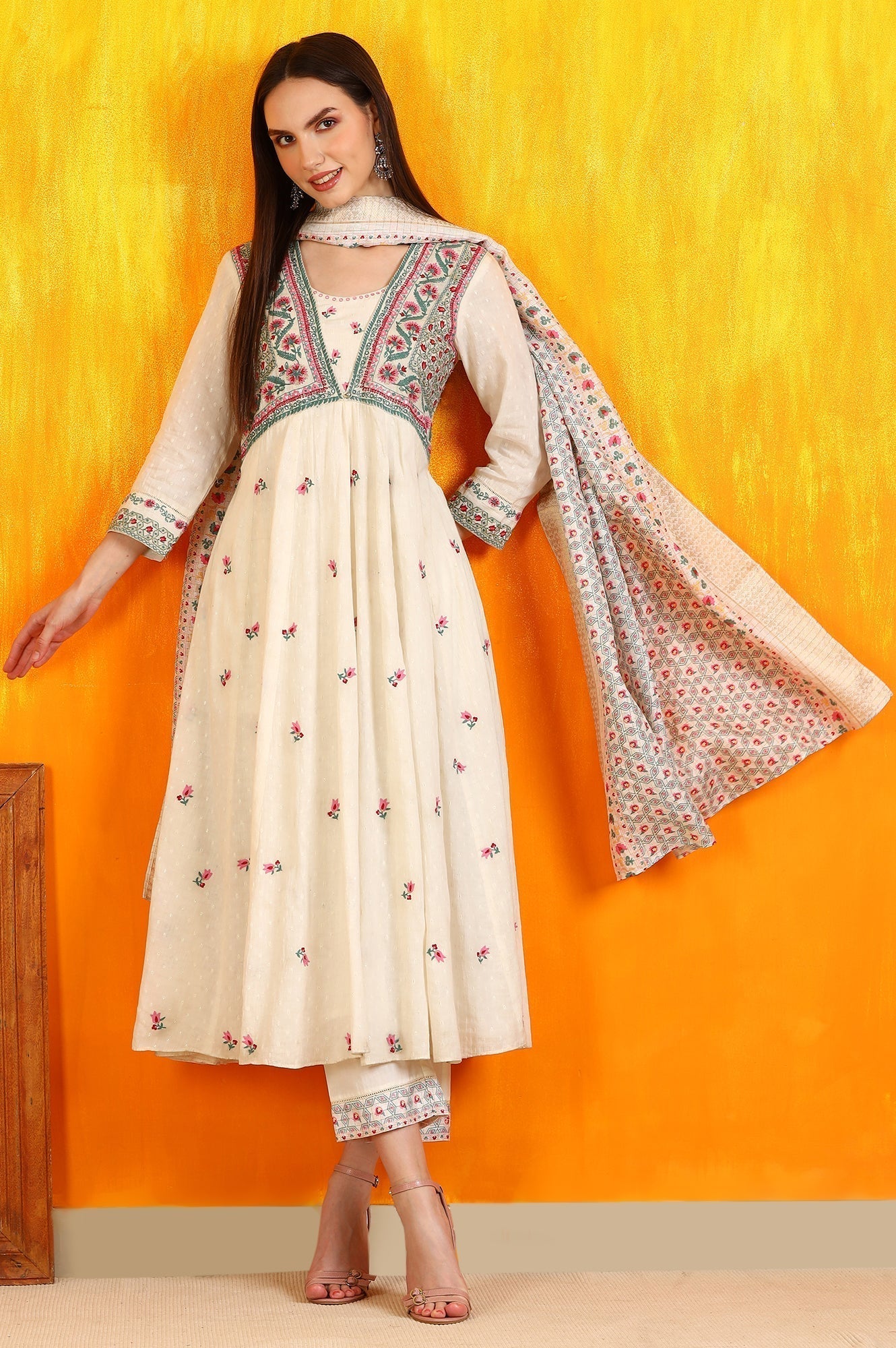 W for Woman White Embroidered Yoke Cotton Dobby Anarkali Kurta, Pants and Dupatta Set