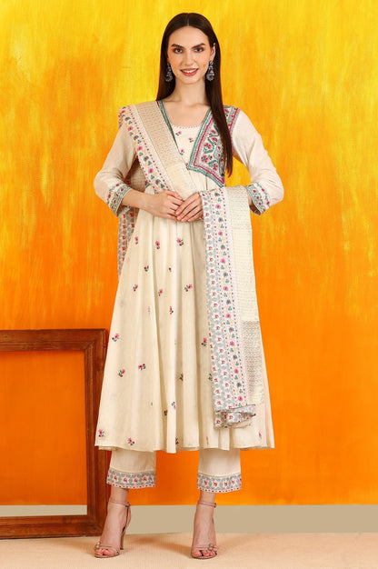 W for Woman White Embroidered Yoke Cotton Dobby Anarkali Kurta, Pants and Dupatta Set