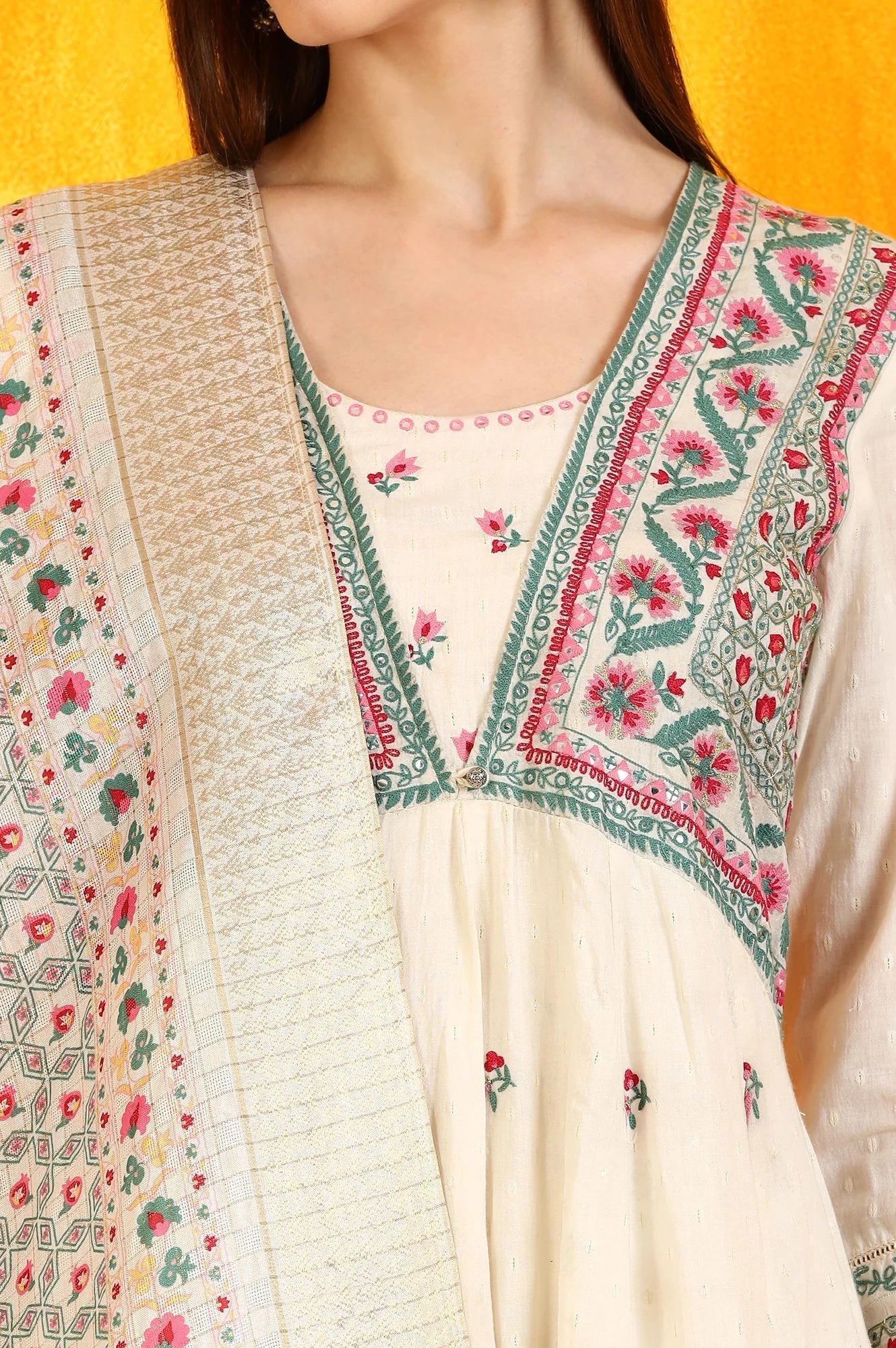 W for Woman White Embroidered Yoke Cotton Dobby Anarkali Kurta, Pants and Dupatta Set