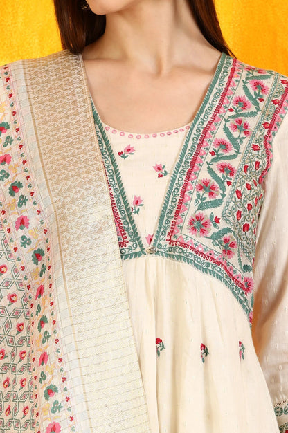 W for Woman White Embroidered Yoke Cotton Dobby Anarkali Kurta, Pants and Dupatta Set