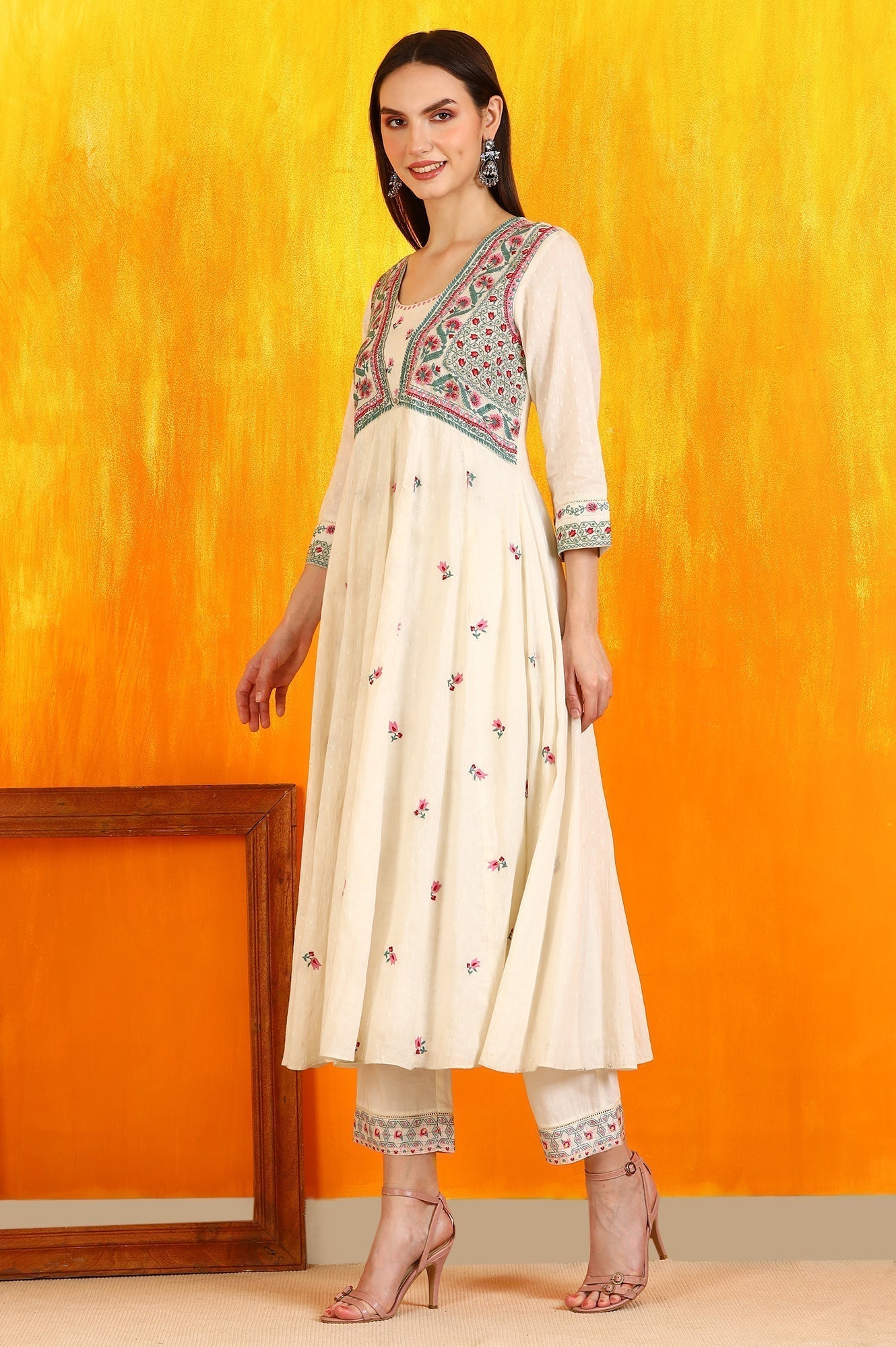 W for Woman White Embroidered Yoke Cotton Dobby Anarkali Kurta, Pants and Dupatta Set