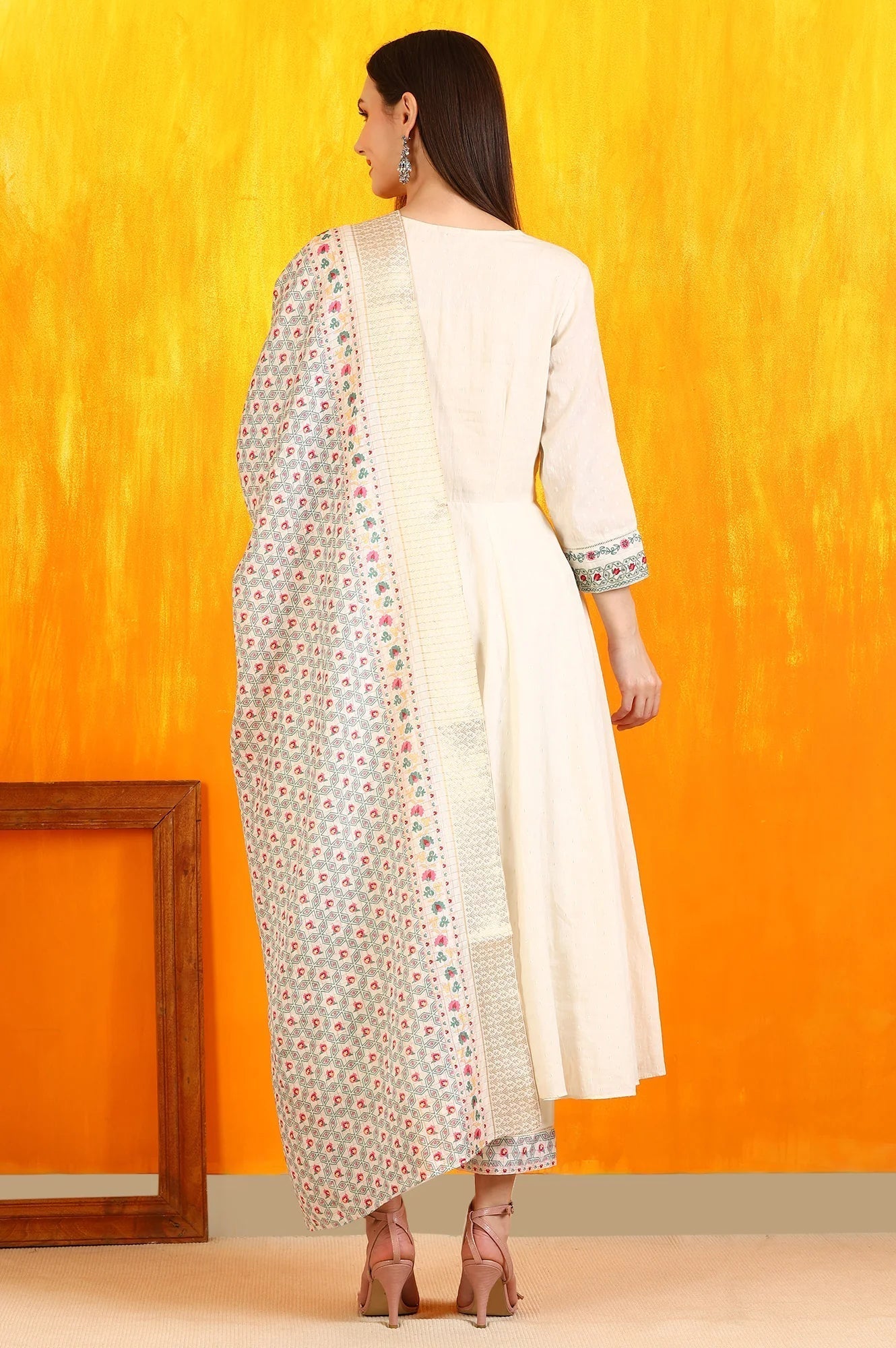 W for Woman White Embroidered Yoke Cotton Dobby Anarkali Kurta, Pants and Dupatta Set