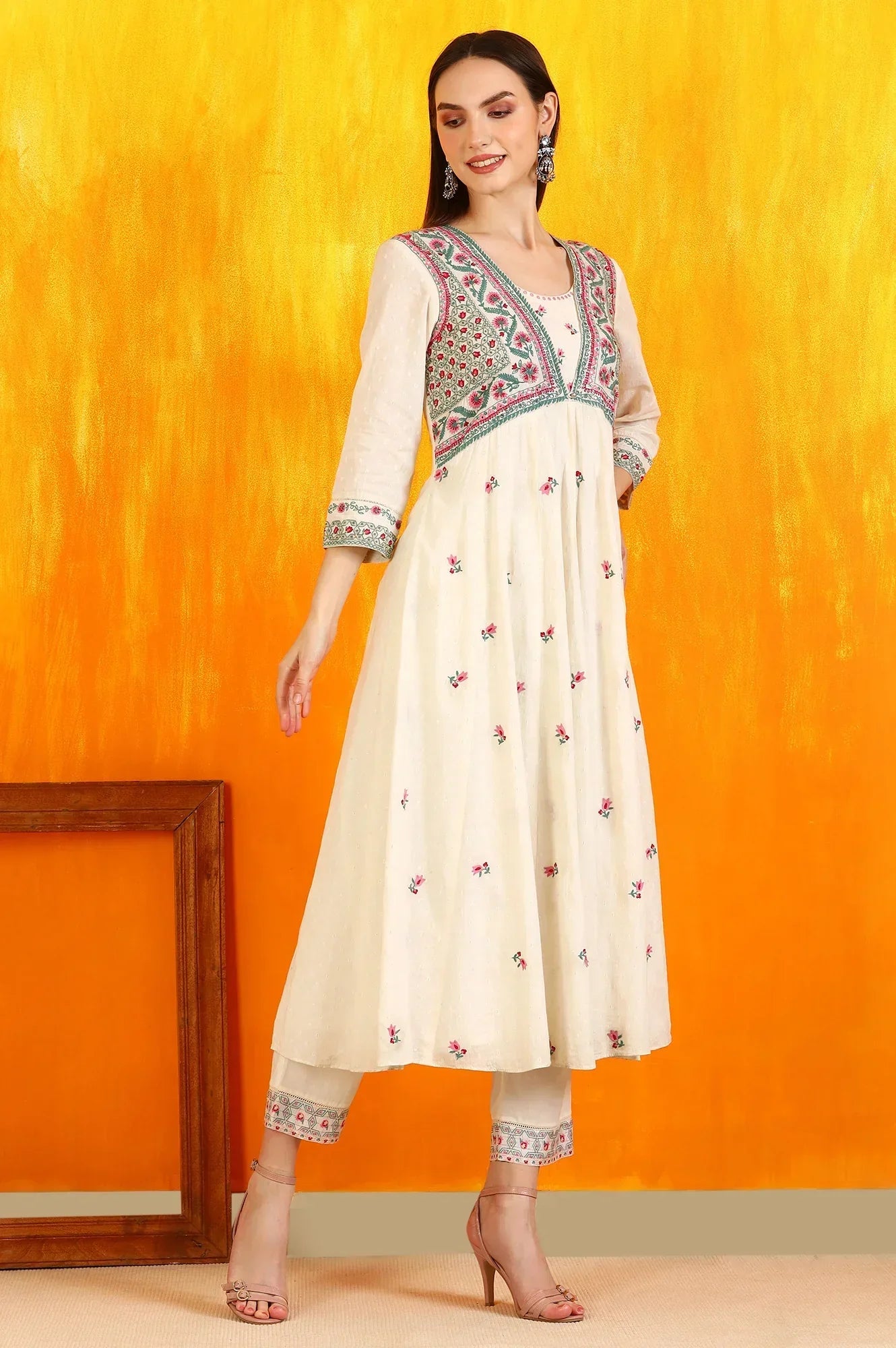 W for Woman White Embroidered Yoke Cotton Dobby Anarkali Kurta, Pants and Dupatta Set