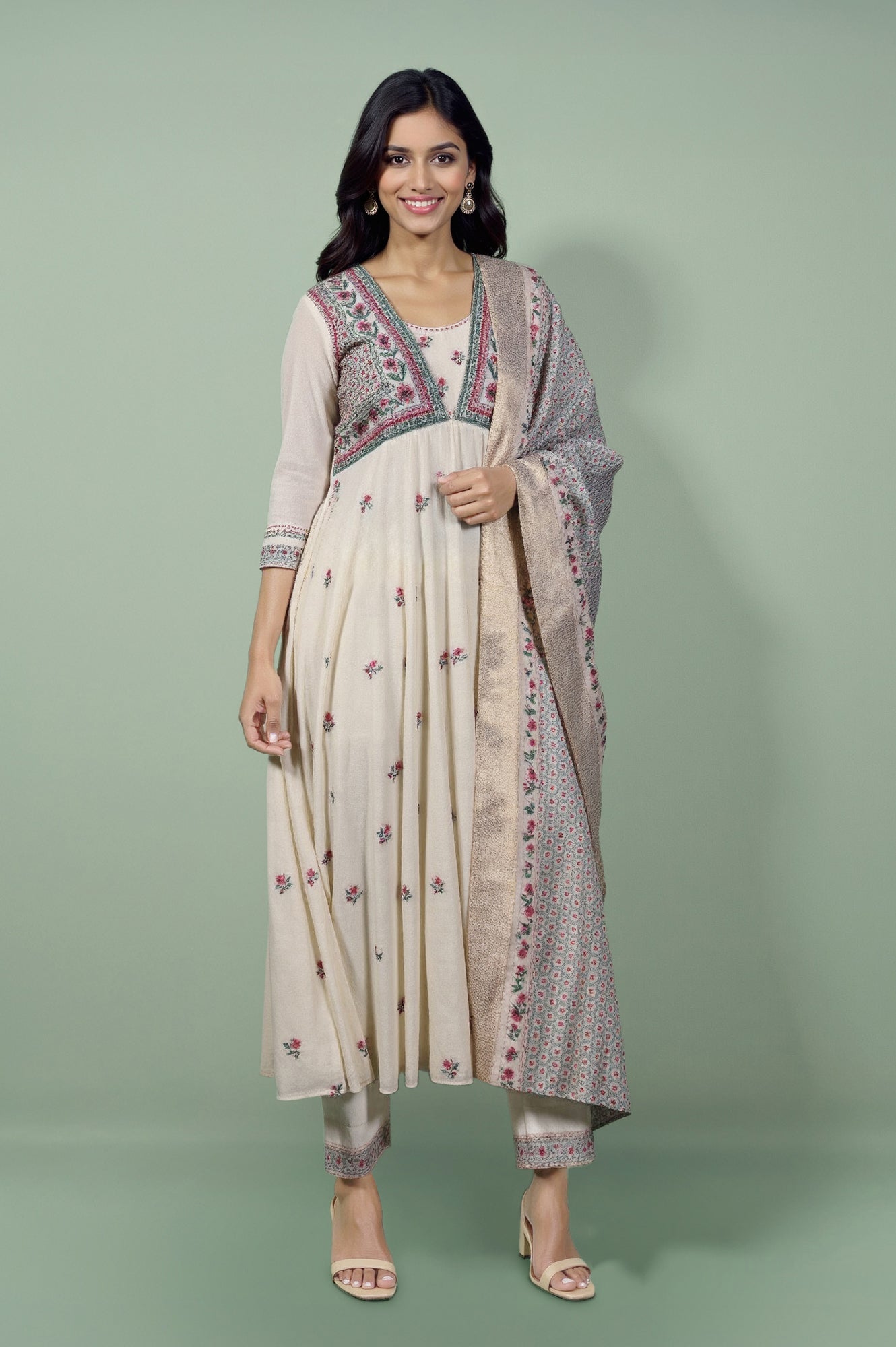 W for Woman White Embroidered Yoke Cotton Dobby Anarkali Kurta, Pants and Dupatta Set