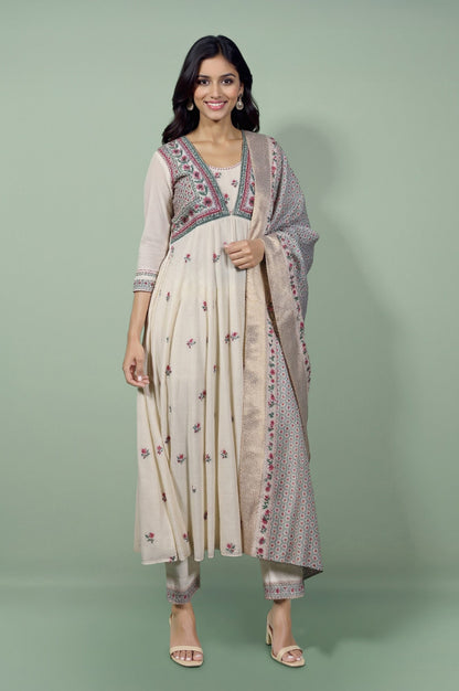 W for Woman White Embroidered Yoke Cotton Dobby Anarkali Kurta, Pants and Dupatta Set