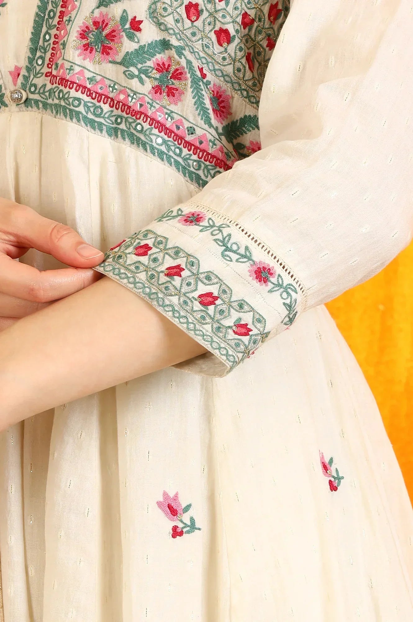 W for Woman White Embroidered Yoke Cotton Dobby Anarkali Kurta, Pants and Dupatta Set