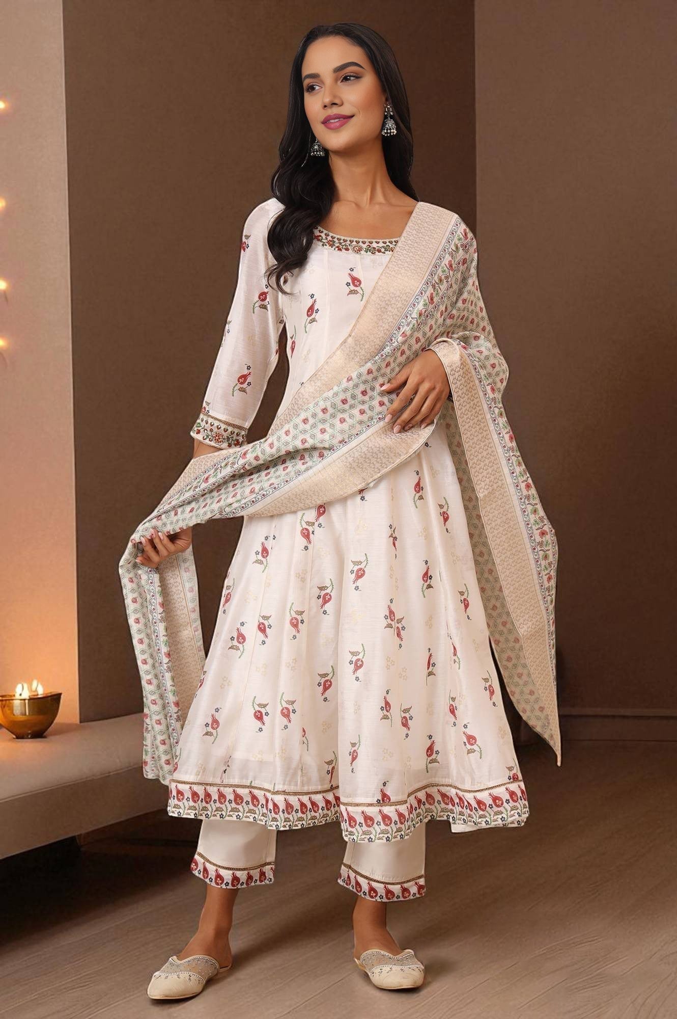 W for Woman White Floral Printed Chanderi Anarkali Kurta, Pants and Dupatta Set