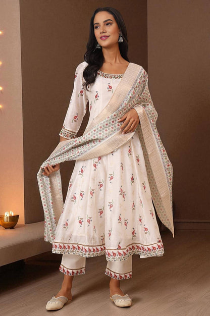 W for Woman White Floral Printed Chanderi Anarkali Kurta, Pants and Dupatta Set
