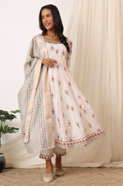 W for Woman White Floral Printed Chanderi Anarkali Kurta, Pants and Dupatta Set
